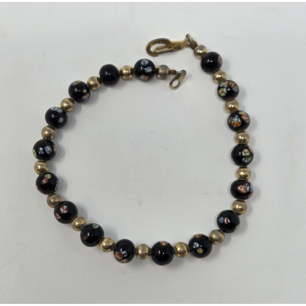 Vintage‎ Black Millefiori Glass Bead Bracelet Gold Tone 14KGP Clasp 7.25"